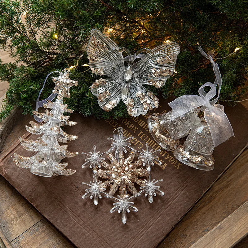 Acrylic Christmas Tree Pendants – Elk, Bell & Snowflake Decorations with Sequins
