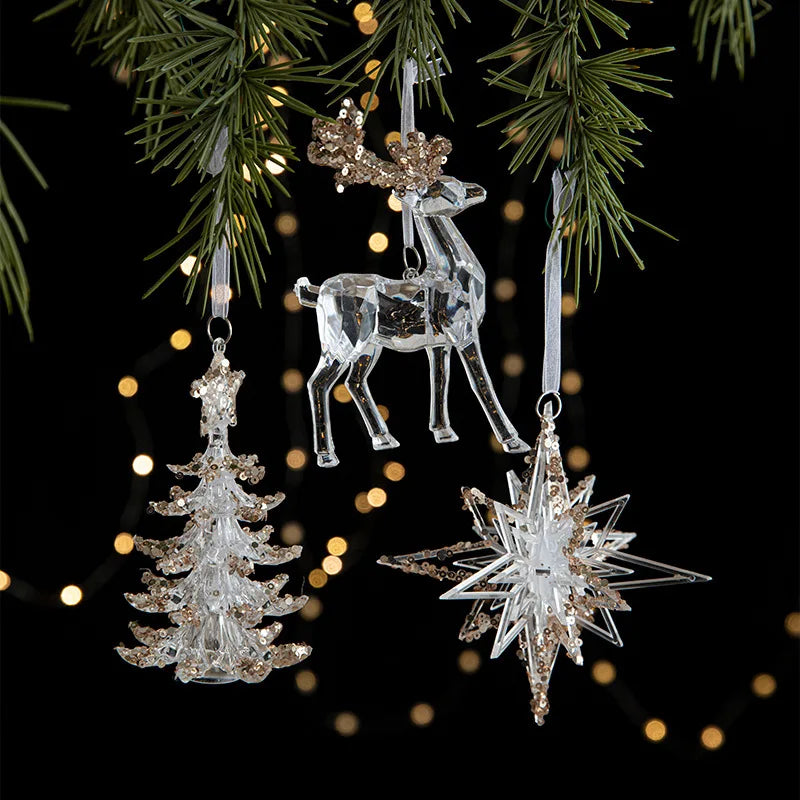 Acrylic Christmas Tree Pendants – Elk, Bell & Snowflake Decorations with Sequins