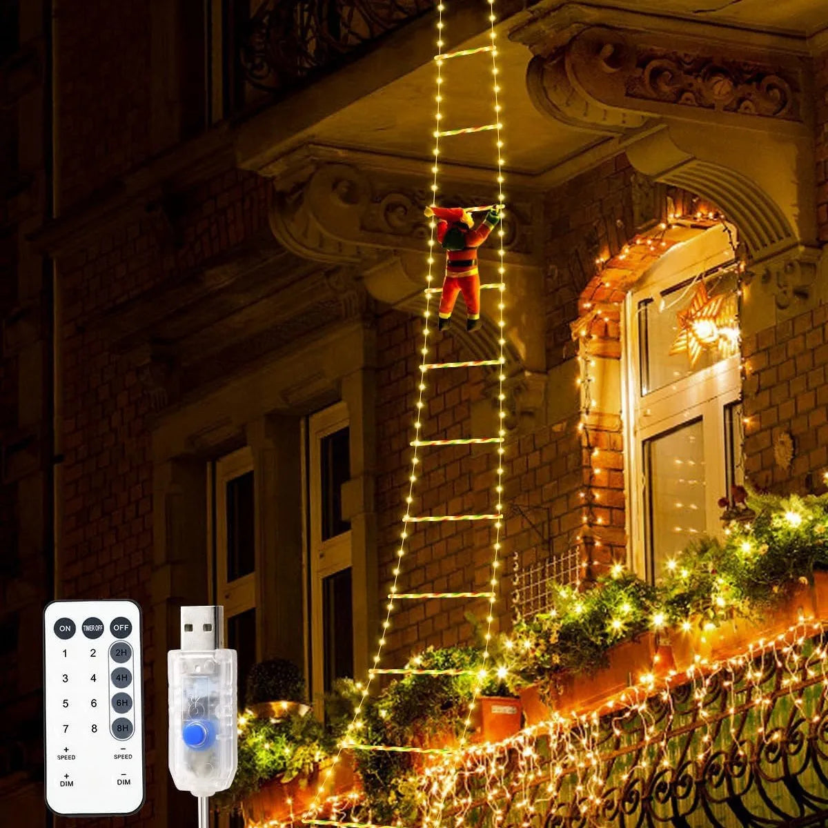 LED Santa Claus Climbing Ladder Lights – 1.5M/3M USB Christmas Decoration